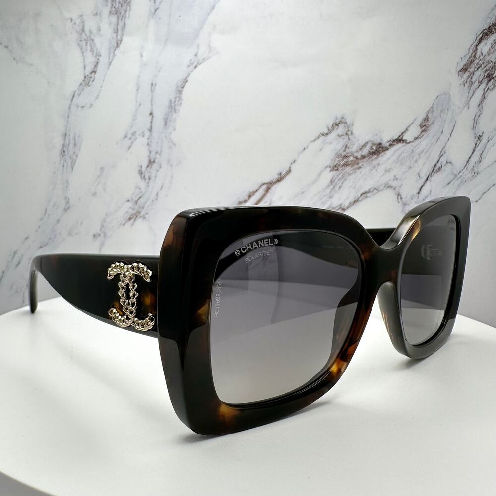 New CHANEL Sunglasses Brown Acetate Tortoise Square Gold Metal Chain CC - Picture 3 of 16